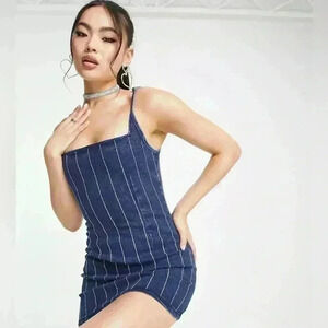 Forever 21 Blue Pinstripe Mini Dress Spaghetti Straps Square Neck sz S